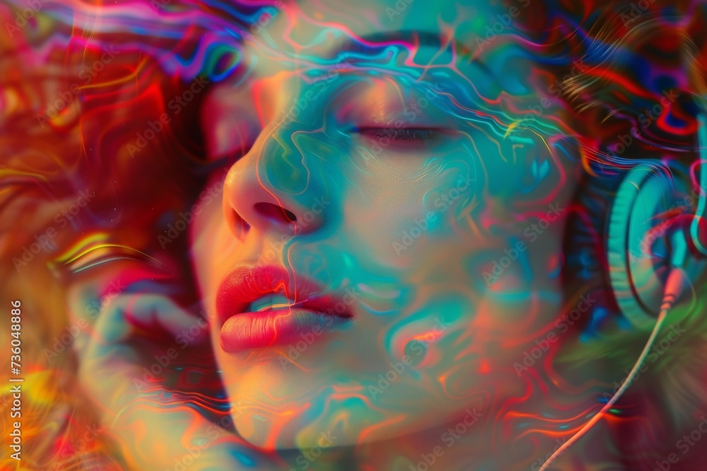 Colorful Abstract Psychedelic Wave Light Patterns on Woman with Headphones Colorful Abstract Psychedelic Wave Light Patterns on Woman with Headphones
