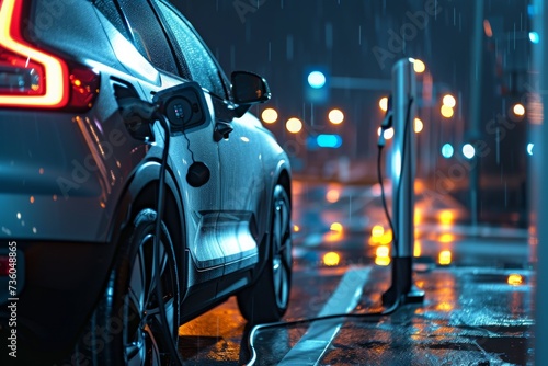 Electric Vehicle Charging in Rainy City Night © Karl