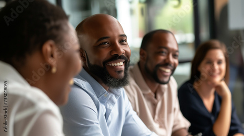 Happy young office colleagues collaborating and smiling in a casual meeting, setting business goals and team building © Sophie 