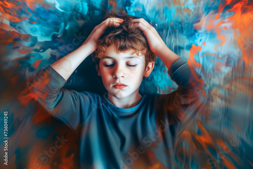 Illustration of sensory overload. Featuring a portrait of a fictional young boy touching his head while flames surround him as illustrations of auditory and visually overload that can cause headaches. photo