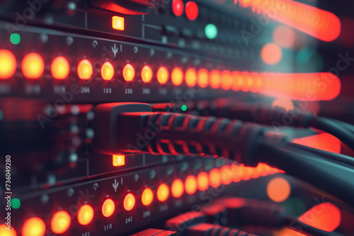 Close-up photo of patch panel with wires connected to it. Glowing indicators indicate the operation of the panel located in server rack.