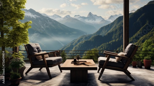 Two Chairs and a Table on a Balcony Overlooking Mountains