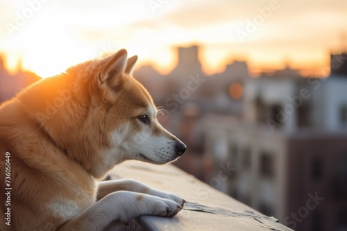 akita inu watching the sunset from a city rooftop photo