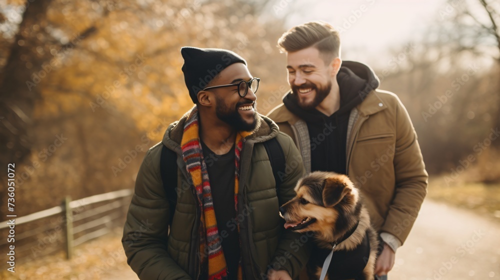 A Beautiful Couple Walks With Their Dog A Beautiful Couple Walks With Their Dog