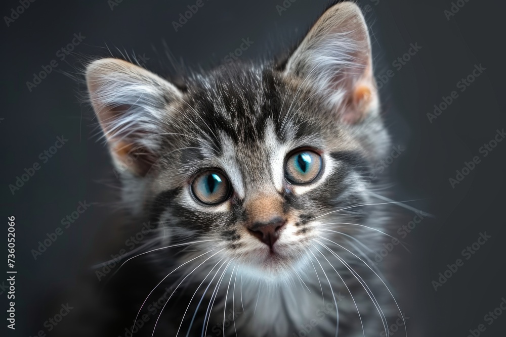 kitten is looking up from black background