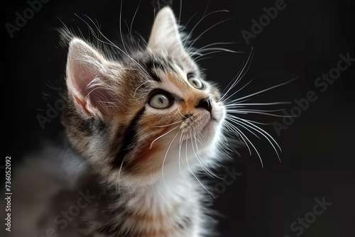 kitten is looking up from black background