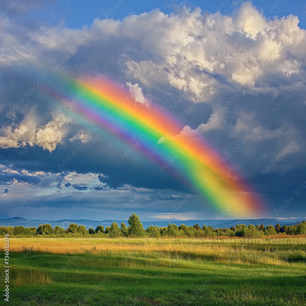 Naklejka premium Beautiful landscape with green grass field and amazing rainbow. generative AI