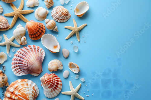 Seashells  pebbles  mockup on blue background. Blank  top view  still life  flat lay. Sea vacation travel concept tourism and resorts. Summer holidays.