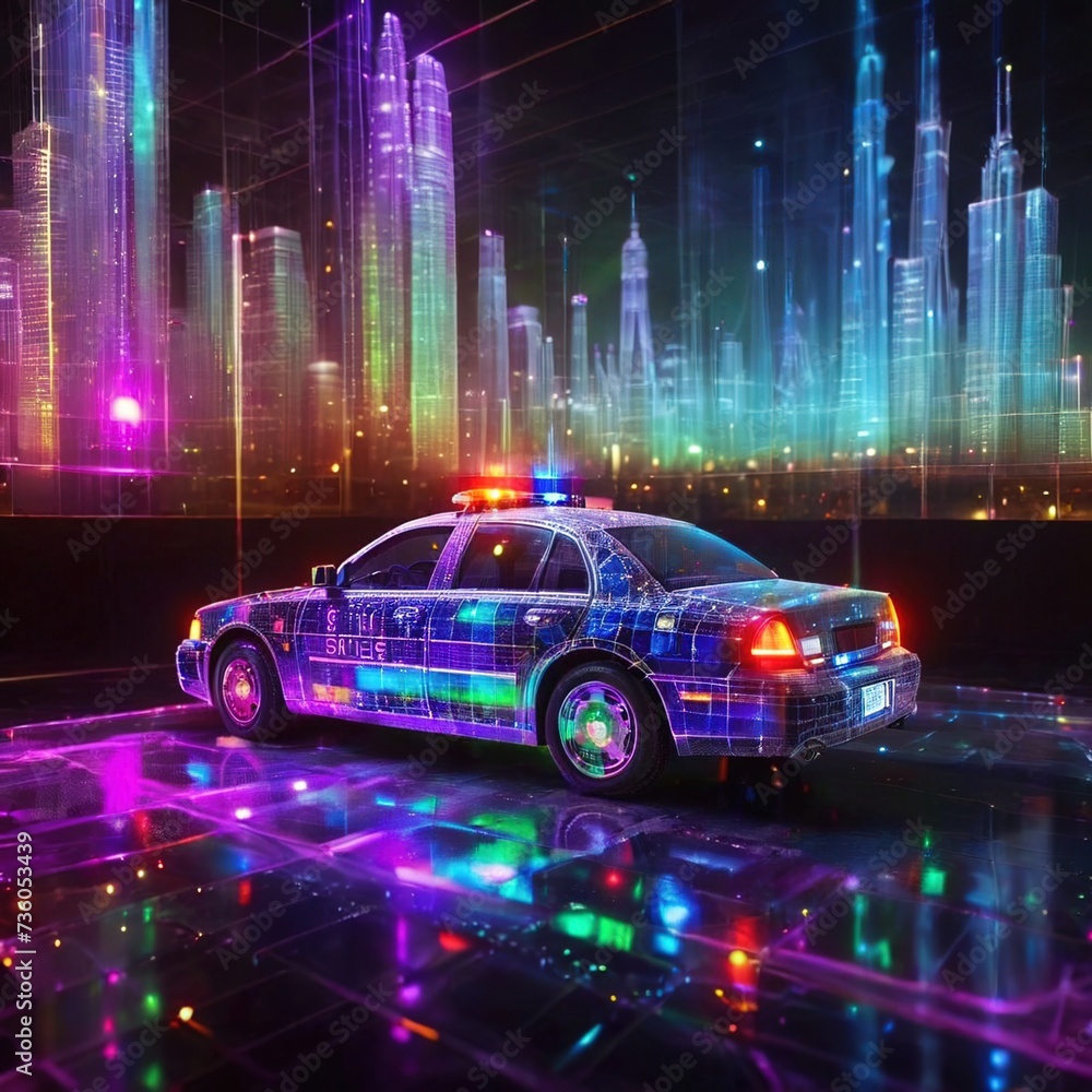 Smart police forse, using Information Communication Technology tools, illustrated by digital police car - obrazy, fototapety, plakaty 