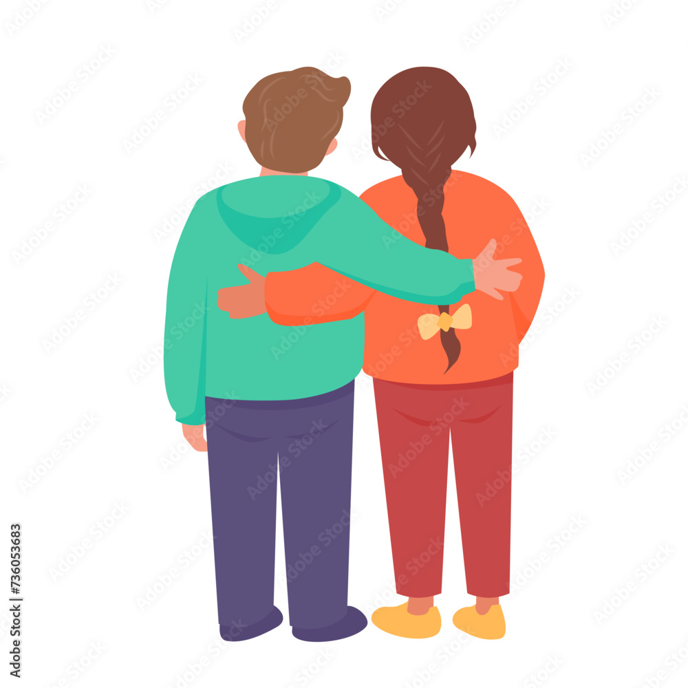 A girl and a boy stand hugging each other. Back view. Vector isolated color illustration in flat style.	