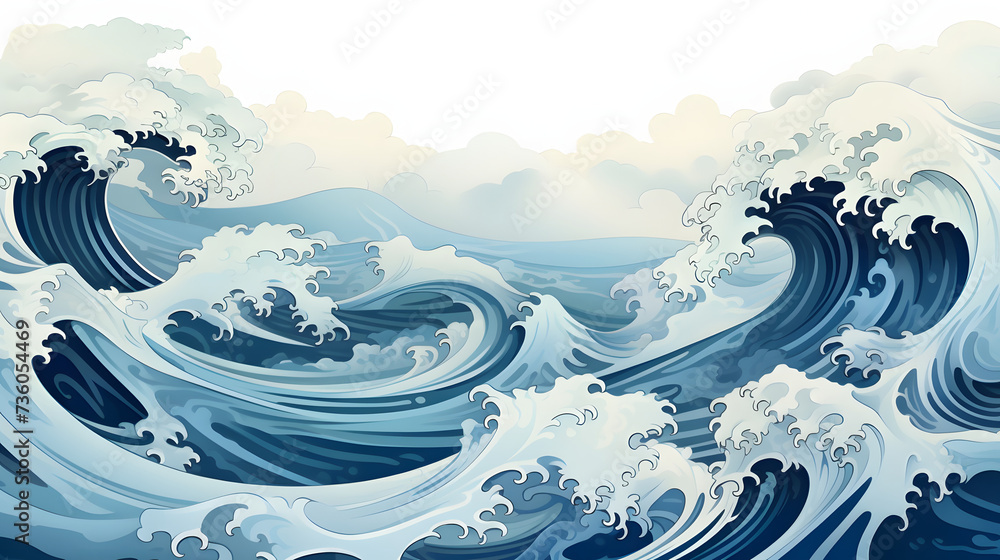 the painting of a big wave in the ocean, in the style of manga style, light gray and dark blue, traditional japanese motifs, light beige and sky-blue, stimwave, 2d game art, anime-influenced the painting of a big wave in the ocean, in the style of manga style, light gray and dark blue, traditional japanese motifs, light beige and sky-blue, stimwave, 2d game art, anime-influenced