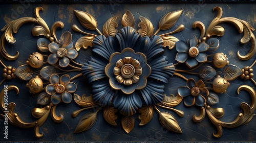 A detailed close up shot of a blue and gold floral carving adorning a wall, showcasing intricate plantinspired design and ornamentation