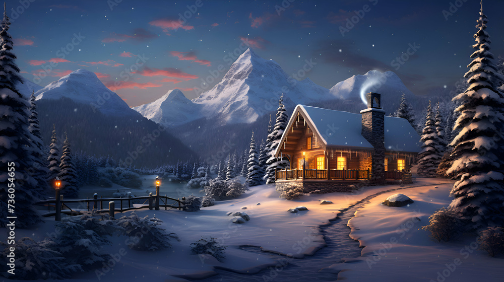 Winter landscape with a wooden house in the mountains. 3d render