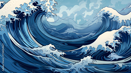 ocean wave art with waves, in the style of manga style, gray and blue, light gray and dark blue