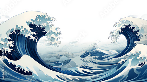 the great wave is drawing on a white background, in the style of light sky-blue and light navy, hyper-detailed illustrations, light beige and gray, reefwave, fluid, anime-influenced, landscape