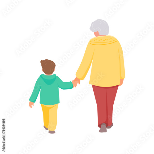 Grandmother and grandson walk holding hands. Back view. Vector isolated color illustration in flat style.	