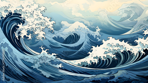 a cartoon wave illustration with a white background, in the style of large scale murals, stormy seascapes, light beige and dark azure, japanese-inspired, mural painting, intricate landscapes