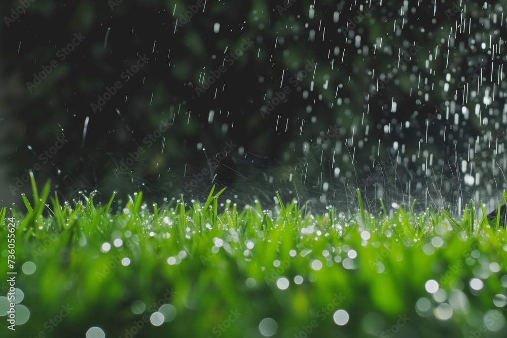 water droplets falling on green grass from a lawn sprinkler - obrazy, fototapety, plakaty 