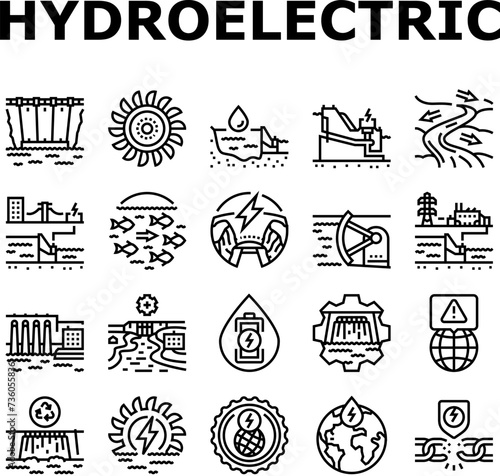 hydroelectric power plant energy icons set vector. hydro dam, station generator, water electricity green, electric industry hydroelectric power plant energy black contour illustrations