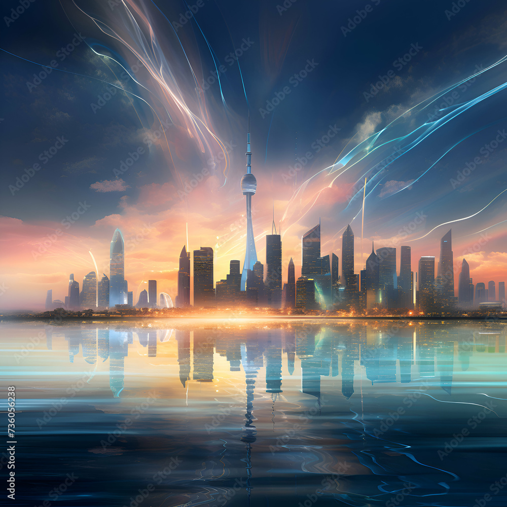 shanghai skyline at night with light rays and reflection in water shanghai skyline at night with light rays and reflection in water