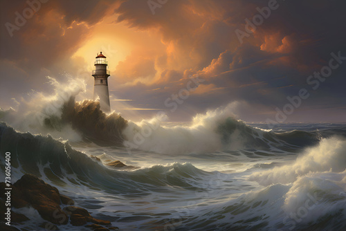 Lighthouse in the sea at sunset. 3d render illustration.