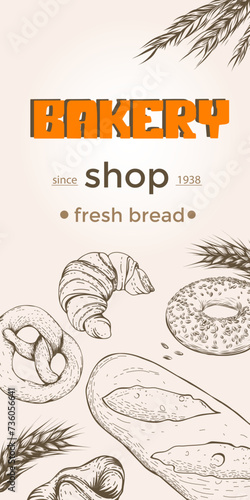 Bakery shop background template. Linear graphic. Bread and pastry collection. Bread house. Vector illustration. Vintage engraving sketch