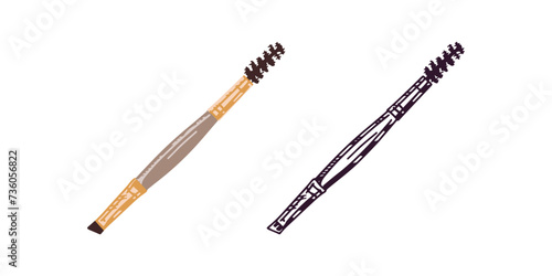 A hand-drawn cosmetic brush and eyelash brush, an element of cosmetics for beauty, self-care. Illustration for a beauty salon, beauty shop. Colored flat  and outline doodle style.