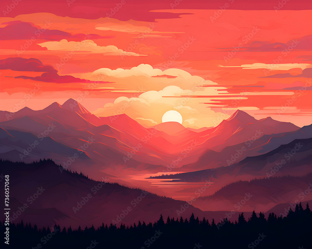 Sunset in the mountains.  illustration of a mountain landscape.