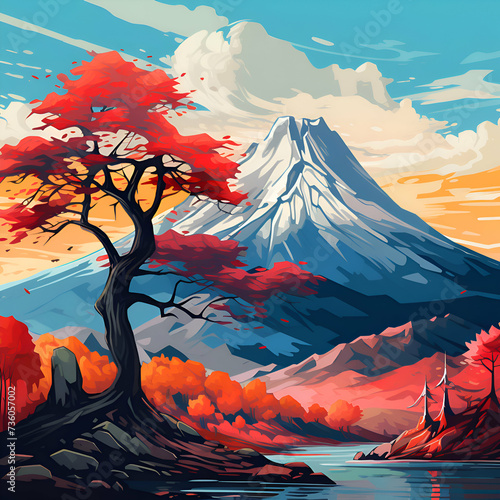 Autumn Landscape with Mount Fuji and Trees.  illustration.