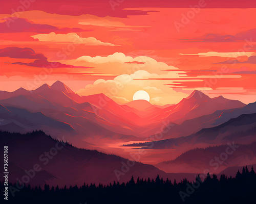 Sunset in the mountains.  illustration of a mountain landscape. © Wazir Design