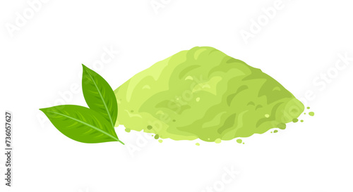 Matcha Green Tea Powder and leaf isolated on white background. Vector cartoon flat illustration.