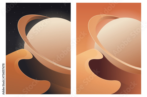 Two futuristic posters with sand dunes and planet. Desert landscape background by day and night.