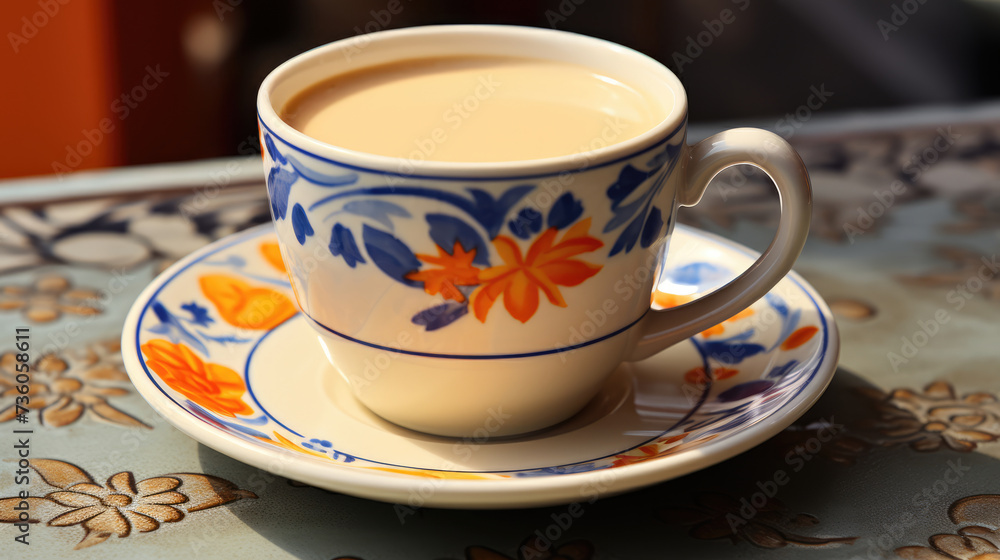 Close-up of traditional milk tea in a bright ceramic cup Close-up of traditional milk tea in a bright ceramic cup