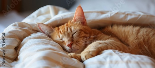 Peaceful cat napping on comfortable white bedsheet in cozy bedroom interior