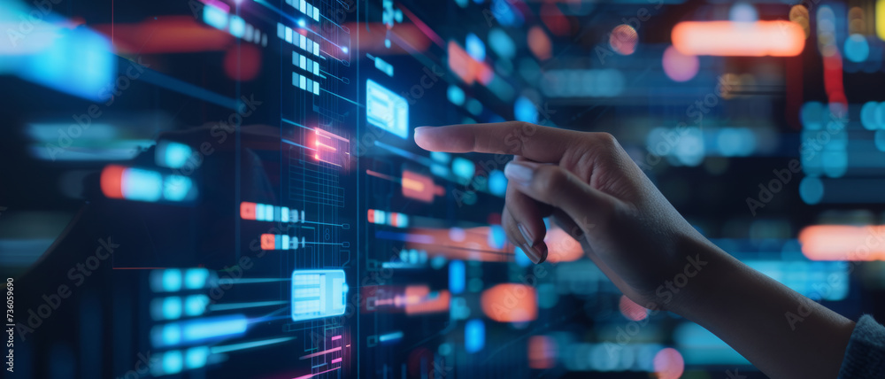 Human fingertip touches the future, interfacing with a glowing digital screen of high-tech data. Human fingertip touches the future, interfacing with a glowing digital screen of high-tech data.
