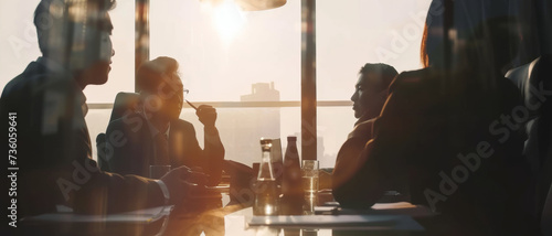 Silhouetted business professionals engage in a strategic meeting as the golden hour bathes the room in a warm glow.