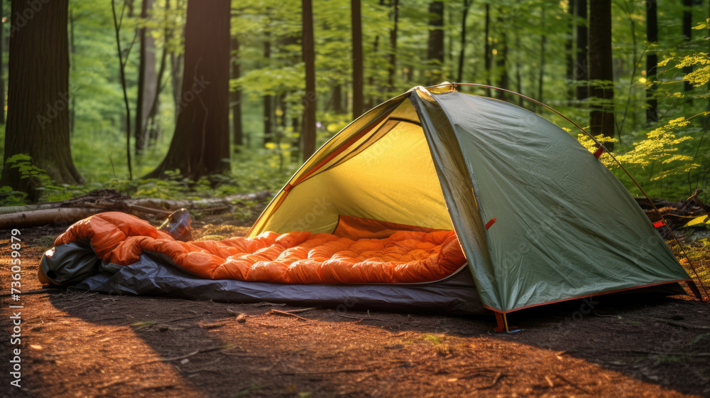 Sunny campsite in the forest. Outdoor sports. Tent and sleeping bag