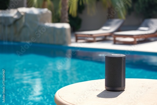 speaker on a poolside table near sun lounger