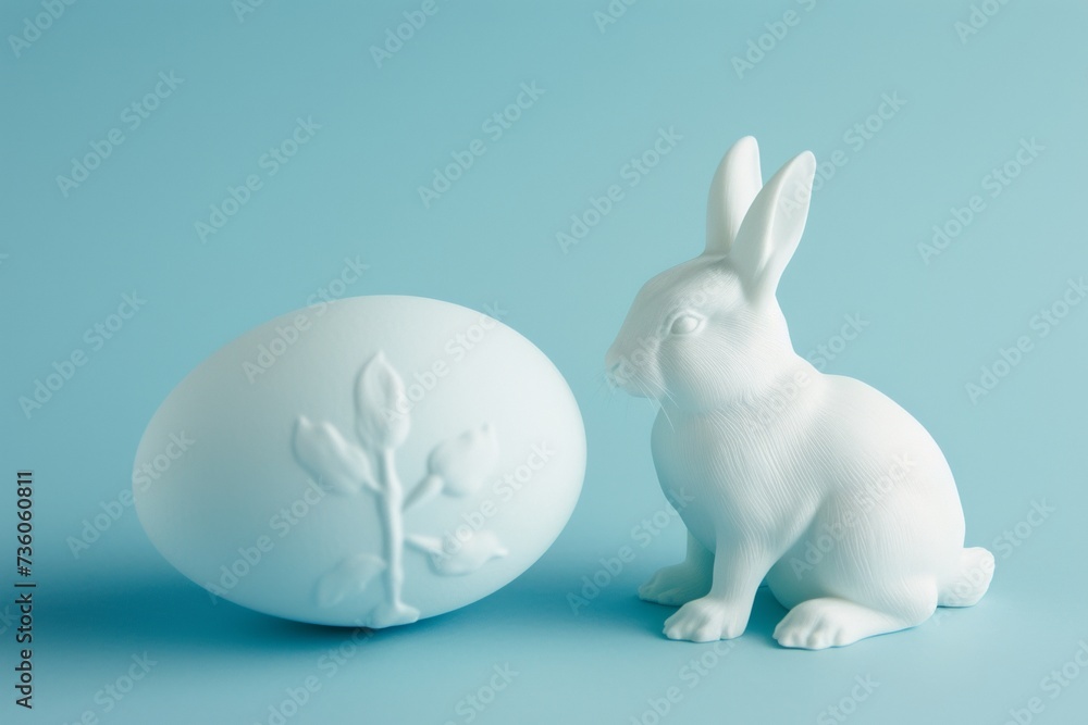 Obraz premium little white rabbit with blue easter egg on blue background 