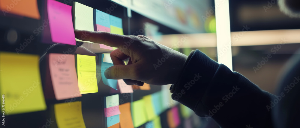 A hand selecting a sticky note from a colorful array on a bright idea board, illuminating strategic planning.