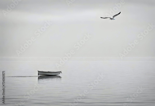 A lone seagull soaring overhead as a solitary boat drifts on tranquil waters © Creative Mind 