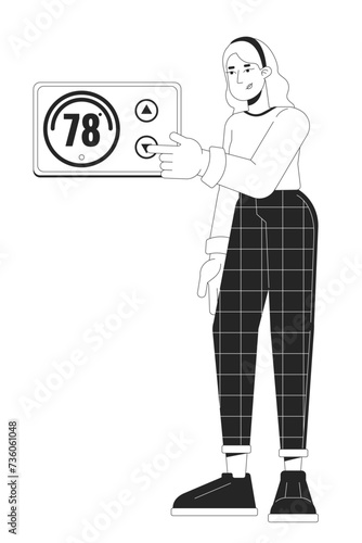 Turning down thermostat black and white cartoon flat illustration. Saving energy home 2D lineart character isolated. Reduce utility bills. Room temperature change monochrome scene vector outline image