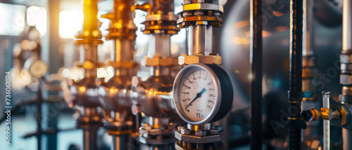 Precision engineering at its finest—close-up of a pressure gauge in a warm-lit industrial setting.