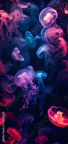 glowing sea jellyfishes on dark background and seamless texture