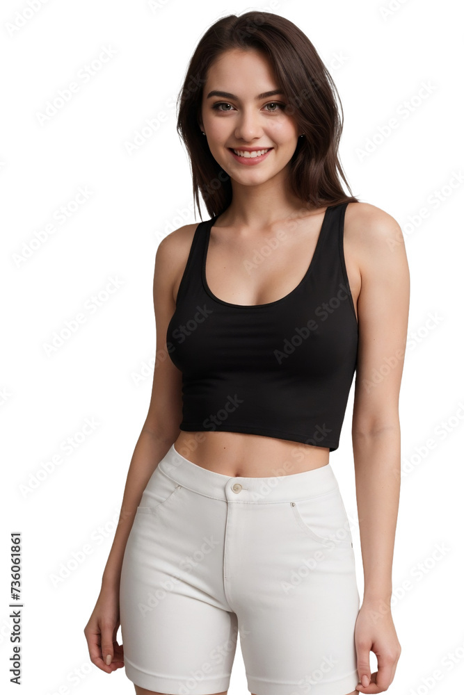 Attractive woman in a black cropped tank top smiling and looking at the camera, isolated, transparent background, no background. PNG. Attractive woman in a black cropped tank top smiling and looking at the camera, isolated, transparent background, no background. PNG.