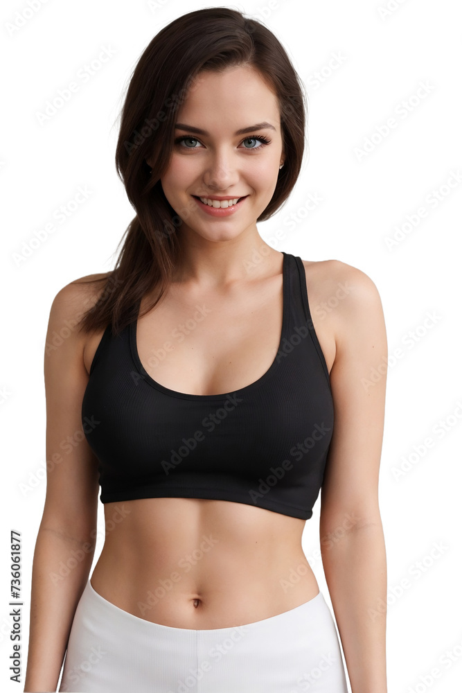 Attractive woman in a black cropped tank top smiling and looking at the camera, isolated, transparent background, no background. PNG. Attractive woman in a black cropped tank top smiling and looking at the camera, isolated, transparent background, no background. PNG.