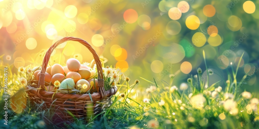 easter eggs in a basket in the green grass - easter eggs in a basket in the green grass -
