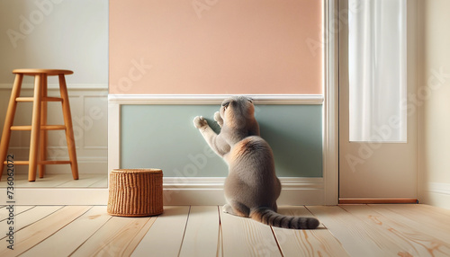 壁で爪研ぎをする猫