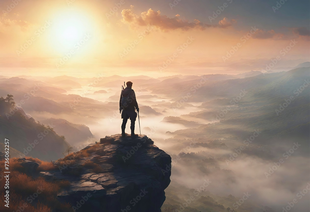 A lone traveler standing on a cliff edge