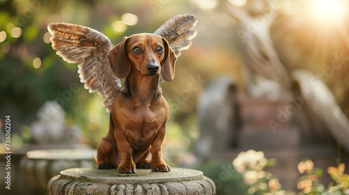 Dachshund com asas de anjo em uma área externa de um lindo parque angelical photo